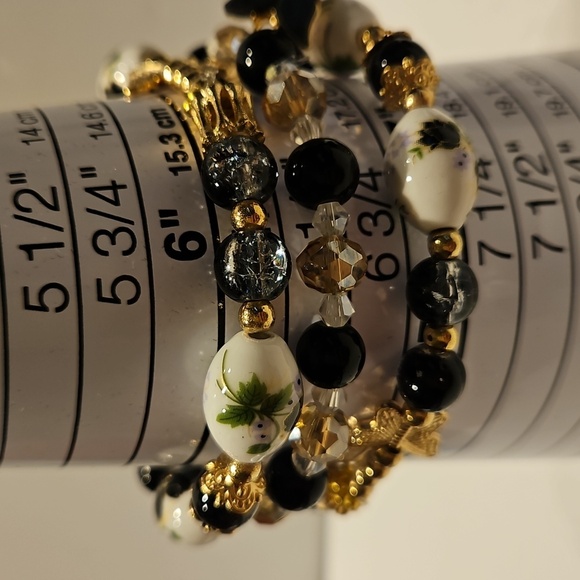 3 Black, White & Goldtone Butterfly Beaded Stretch Bracelet Set - Picture 6 of 6